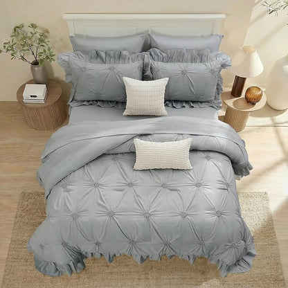 Bedbay Grey Ruffle Comforter Set Queen Size 9 Pcs,Boho Queen Comforter Set with Sheets,Pinch Pleat Bedding Set,Farmhouse Comforter Bed Set,Microfiber Exquisite Ruffle Duvet Set