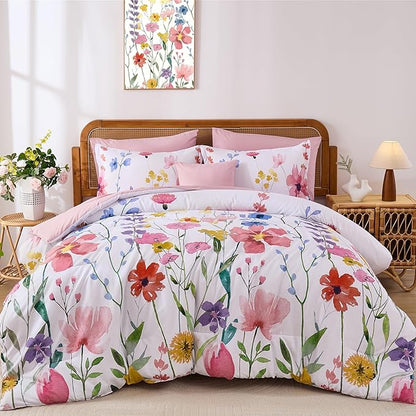 Annibedding Pink Floral King Size Comforter Set, 8 Piece Soft Microfiber Flower Bed in a Bag Bedding Set with Pillowcase and Sheets for All Season (Pink,90"x104")