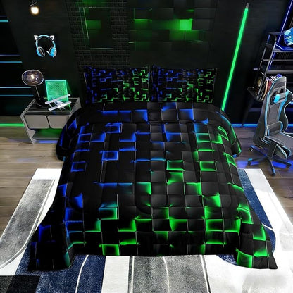 Erosebridal Geometric Checkered Comforter Set King Neon Blue Green Bedding Set for Kids Boys Teen Gamer Room Decor,Abstract Ombre Plaid Comforter Grids Quilt Duvet Black
