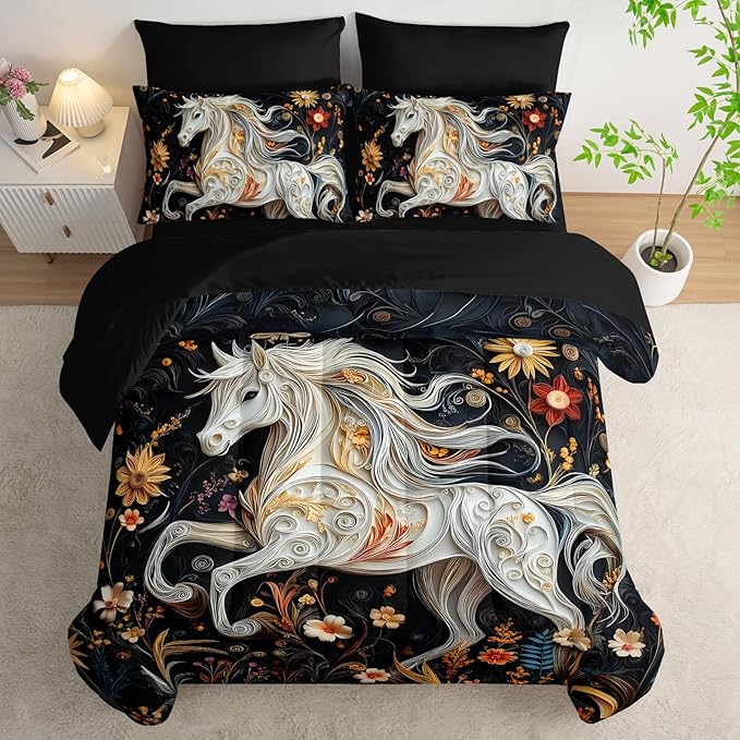 7 Piece Horse Comforter Set Full Size，Full Size Horse Quilt Bedding Set，(1 Comforter, 1 Flat Sheet, 1 Fitted Sheet, 2 Pillowcase and 2 Pillow Sham)