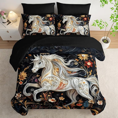 7 Piece Horse Comforter Set Full Size，Full Size Horse Quilt Bedding Set，(1 Comforter, 1 Flat Sheet, 1 Fitted Sheet, 2 Pillowcase and 2 Pillow Sham)