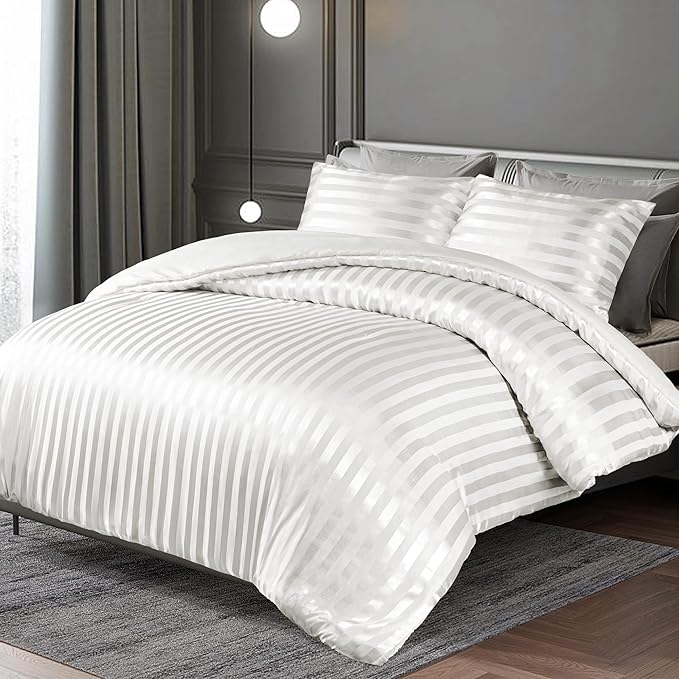 Whale Flotilla 3-Piece Reversible Silky Soft Queen Comforter Set, Luxury Stripe Satin Comforters Full Size Bedding Set with 2 Satin Pillowcases, Lightweight Duvet for All Seasons, White
