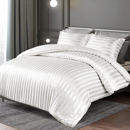 Whale Flotilla 3-Piece Reversible Silky Soft Queen Comforter Set, Luxury Stripe Satin Comforters Full Size Bedding Set with 2 Satin Pillowcases, Lightweight Duvet for All Seasons, White
