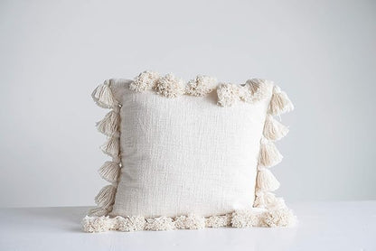 Creative Co-Op Woven Cotton Slub Pillow with Tassels, Cream