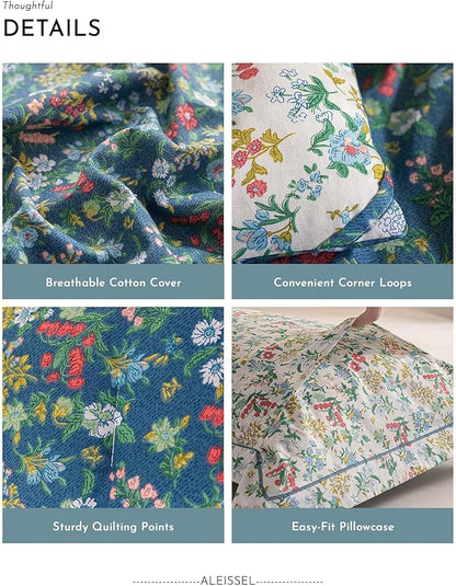 Cotton Floral Comforter Queen Size - 3PC Lightweight Bedding Sets with Ultra-Soft Alternative Fill, Luxurious Reversible Design with Vibrant Floral Pattern, Deep Slate Blue & White Options