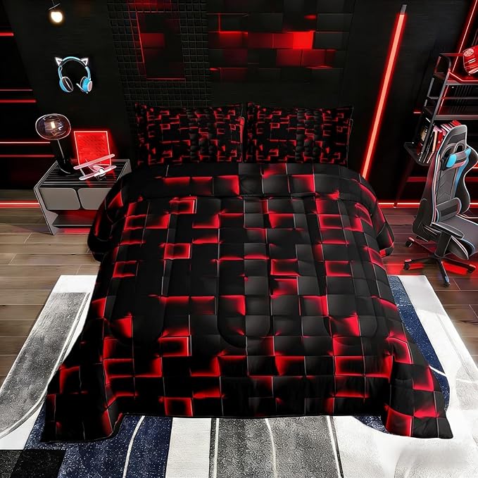 Erosebridal Boys Red and Black Comforter Set Queen Geometric Checkered Kids Bedding Set Teen Men Gaming Room Decor,Abstract Ombre Plaid Comforter Grids Quilt Duvet