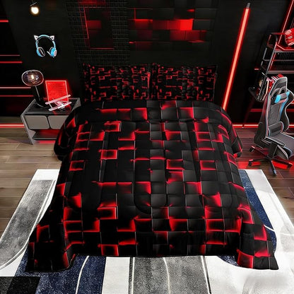 Erosebridal Boys Red and Black Comforter Set King Geometric Checkered Kids Bedding Set Teen Men Gaming Room Decor,Abstract Ombre Plaid Comforter Grids Quilt Duvet