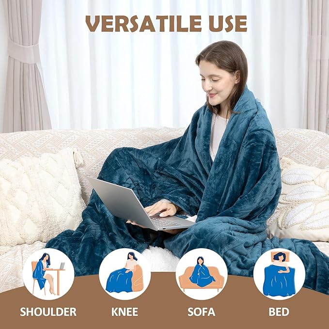 HOW'S MY HOUSE Heated Blanket 62" x 84", Electric Blanket Twin Size with 10 Time Settings & 6 Heating Levels, Over-Heat Protection, Flannel Sherpa Super Cozy with ETL Certification, Blue