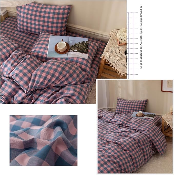 HighBuy Purple Gingham Comforter Set Twin XL,Vintage Boho Gingham Comforter with 2 Pillowcases,Farmhouse Bedding Set Fluffy Checkered 3 Pieces with Geometric Plaid Grid Pattern