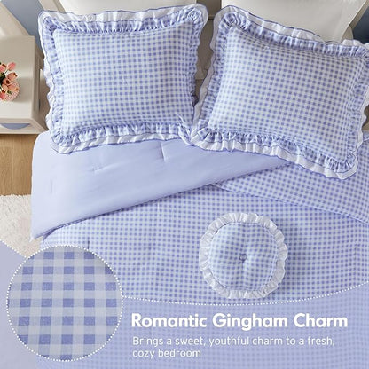 Intelligent Design Rowena Full Comforter Set – Blue Gingham Ruffled Bedding, Vintage Farmhouse Style, Reversible All Season 4-Piece Bedding Set, Full/Queen, Gift for Her