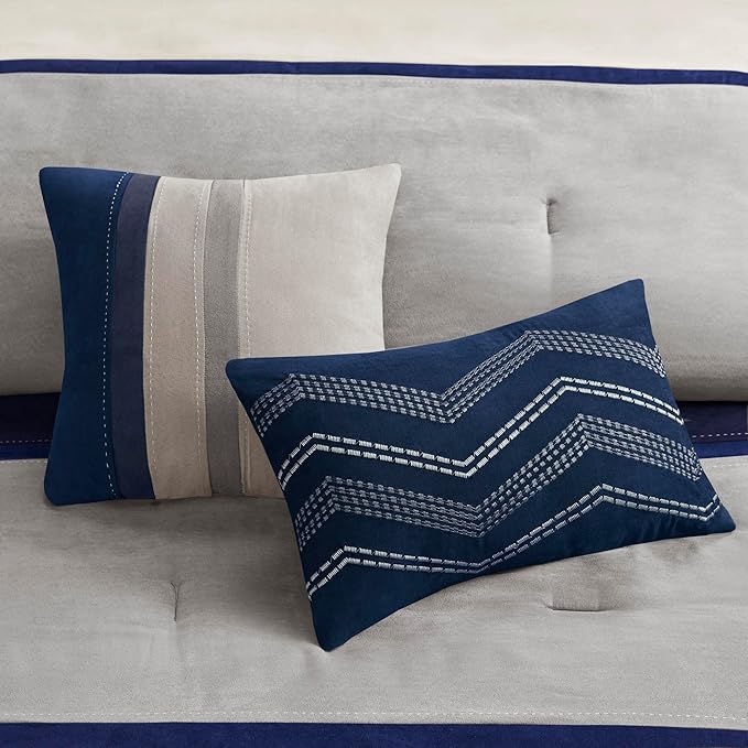 Madison Park Palisades Comforter Set Modern Faux Suede Pieced Stripe Design, All Season Down Alternative Cozy Bedding with Matching Shams, Decorative Pillows, Queen(90"x90"), Multicolor, 7pcs