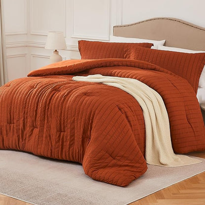 Terracotta Oversized Queen Comforter Set - 3 Pieces Seersucker Lightweight Bedding Comforter Sets (1 Soft Fluffy Comforter & 2 Pillowcases) - All Seasons Cozy Modern Bed Sets for Women Men