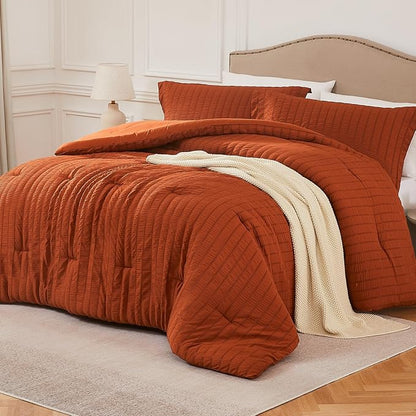 Terracotta Queen Comforter Set - 3 Pieces Seersucker Lightweight Bedding Comforter Sets (1 Soft Fluffy Comforter & 2 Pillowcases) - All Seasons Cozy Modern Bed Sets for Women Men