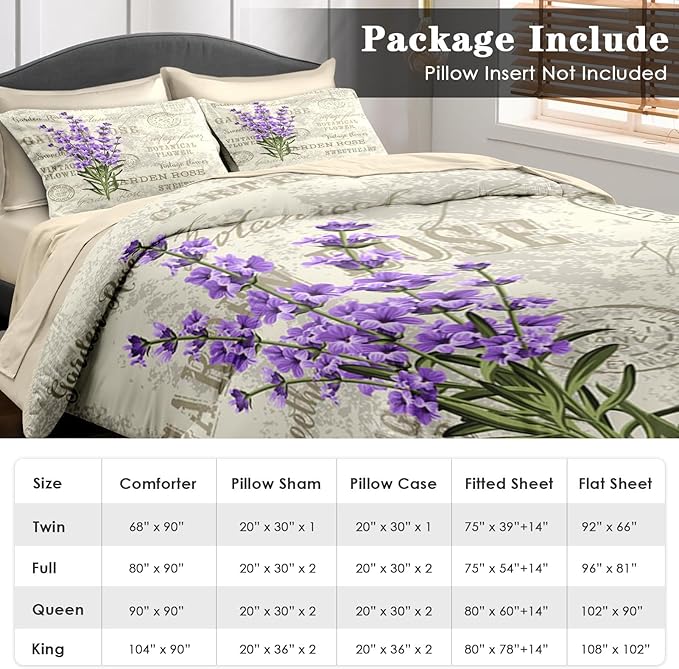 Comforter Set King Size, Purple Lavender Vintage Flower 7 Pcs Bedding for Kids and Adults, Botanical Plant Retro Bed Sheet Sets with Fitted Sheet 2 Pillowcases & 2 Shams for Bedroom Bed Decor