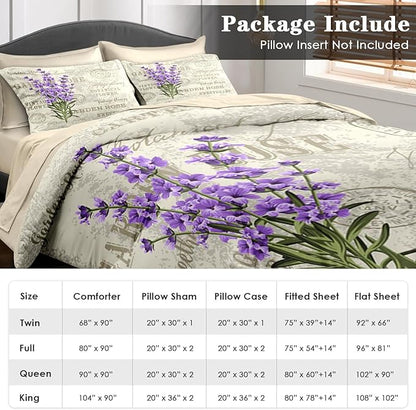 Comforter Set King Size, Purple Lavender Vintage Flower 7 Pcs Bedding for Kids and Adults, Botanical Plant Retro Bed Sheet Sets with Fitted Sheet 2 Pillowcases & 2 Shams for Bedroom Bed Decor