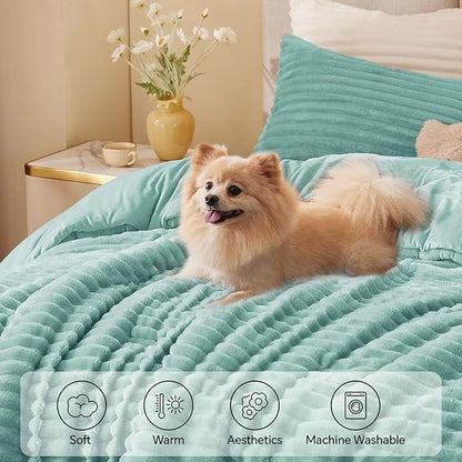 BEDELITE Fleece Queen Comforter Set -Super Soft & Warm Fluffy Haze Blue Bedding, Luxury Fuzzy Heavy Bed Set for Winter with 2 Pillow Cases