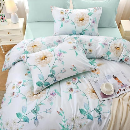 MUXHOMO Green Branch Bed in a Bag Queen 7 Pieces, Queen Comforter Set Reversible Botanical Flowers Design, Ultra Soft & Breathable Bedding Sets with Comforter, Sheets, Pillowcases & Shams