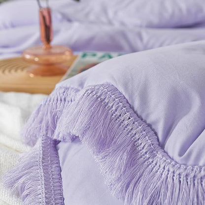 Andency Queen Comforter Set Lavender, Purple 3 Pieces Boho Tassel Lightweight Bedding Comforter Sets, Winter Soft Fluffy Fringe Bed Set (90x90In Comforter & 2 Pillowcases)