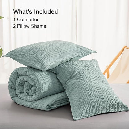 PHF Soft Waffle Comforter Set King Size- Comfy Breathable Waffle Weave Comforter with 2 Pillow Shams, 3 Pieces Less Snagging Lightweight Textured Bedding Set for All Season, Dusty Blue