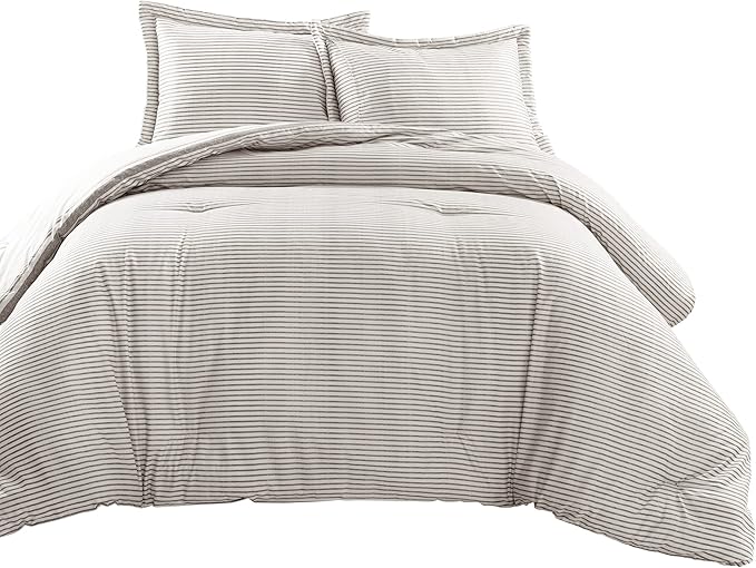 Lush Decor Stripe Reversible Cotton Comforter Set, Cozy Farmhouse Bedding Set, Full/Queen, Gray, 3 Piece Set