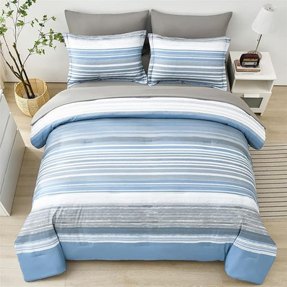KAKIJUMN 7 Piece Bed in a Bag Stripe Comforter Set King Size, White Grey Blue Patchwork Striped Comforter and Sheet Set, All Season Soft Microfiber Complete Bedding Set(Light Blue,King)