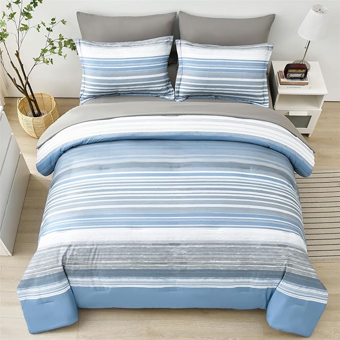 KAKIJUMN 7 Piece Bed in a Bag Stripe Comforter Set Queen Size, White Grey Blue Patchwork Striped Comforter and Sheet Set, All Season Soft Microfiber Complete Bedding Set(Light Blue,Queen)