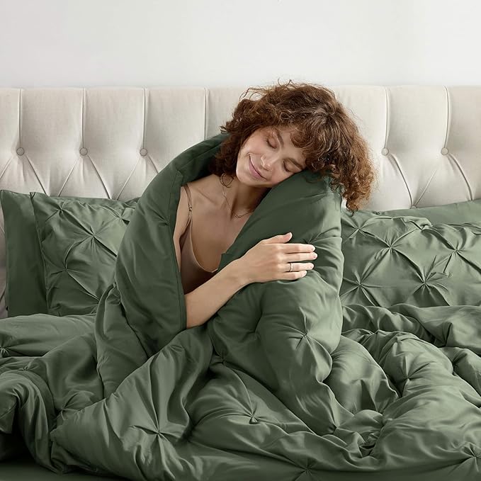 Nestl California King Comforter Set 7 Piece - Pintuck Cal King Comforter Set Olive Green, California King Bed in a Bag, All Season Bed Set with Flat Sheet and Fitted Sheet, Pillowcases and Shams