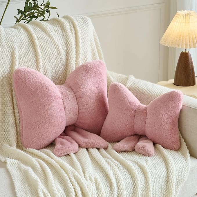 Xuyier Bow Pillows, Bow Shaped Decorative Throw Pillows for Couch Bed, Aesthetic Cute Home Decor Accent Pillows (Grey Pink, Large-16 Inches)