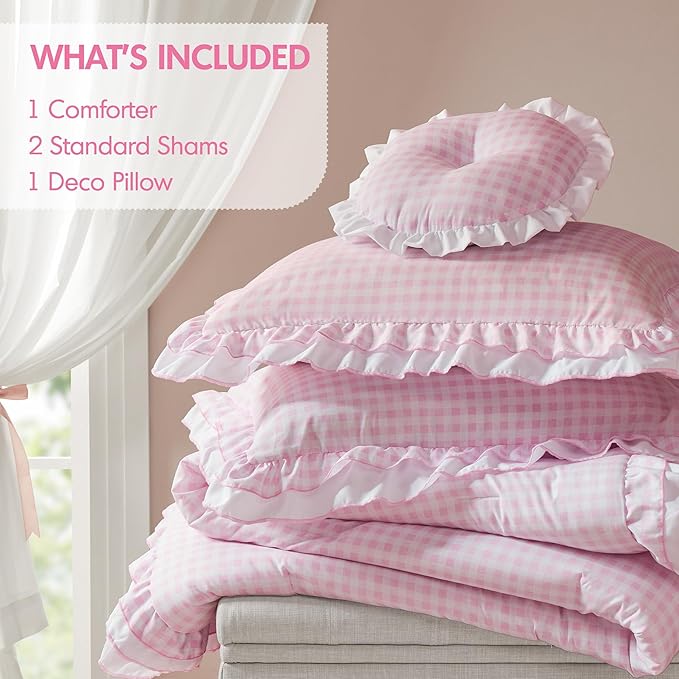 Intelligent Design Rowena Full Comforter Set – Blush Pink Gingham Ruffled Bedding, Vintage Farmhouse Style, Reversible All Season 4-Piece Bedding Set, Full/Queen, Gift for Her