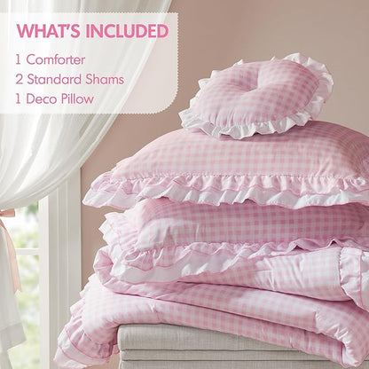 Intelligent Design Rowena Full Comforter Set – Blush Pink Gingham Ruffled Bedding, Vintage Farmhouse Style, Reversible All Season 4-Piece Bedding Set, Full/Queen, Gift for Her