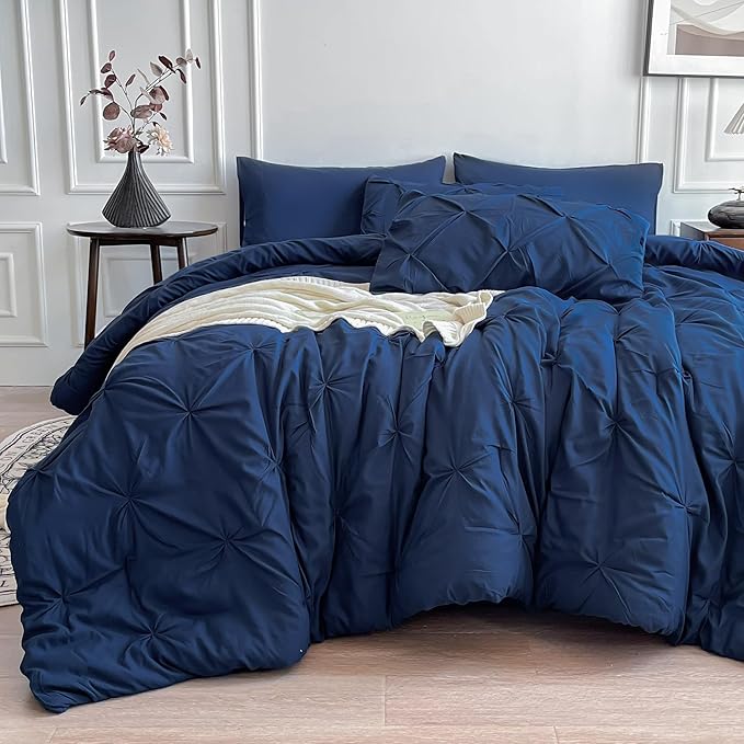 Maple&Stone Full Size Comforter Sets, 7 Pieces Bedding Sets Full, Pintuck Bed in a Bag Bed Set with Comforter, Sheets, Pillowcases & Shams - Navy