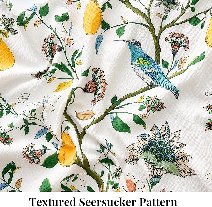 MUSSEL White Queen Size Comforter Set 3 Pieces,Vintage Botanical Floral Pattern Bedding Comforter Sets,Boho Whimsical Modern Printed Design Cute Seersucker Bedroom Comforter and Shams