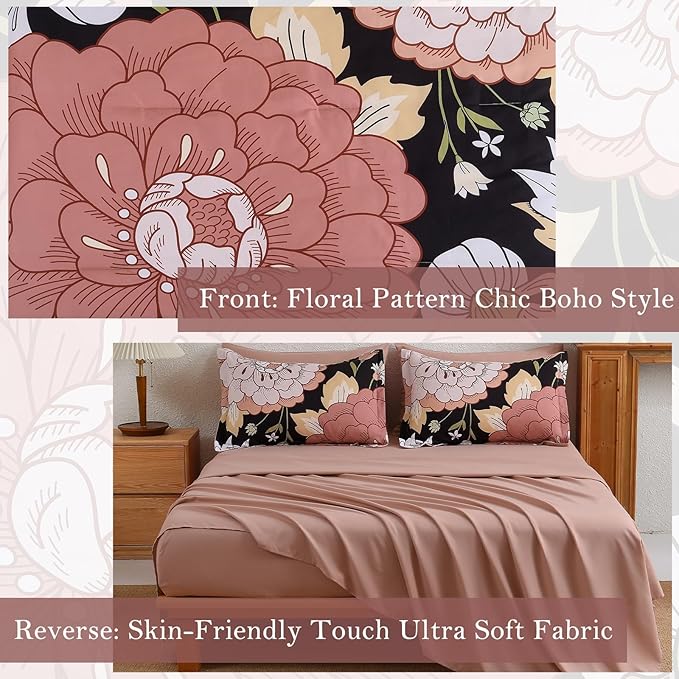 DJY 7 Pieces Black Floral Comforter Set Queen Size Blush Pink Botanical Bed in a Bag, Soft Microfiber Boho Farmhouse Bedding Floral Comforter with Sheets Set for All Season (90''x90'')