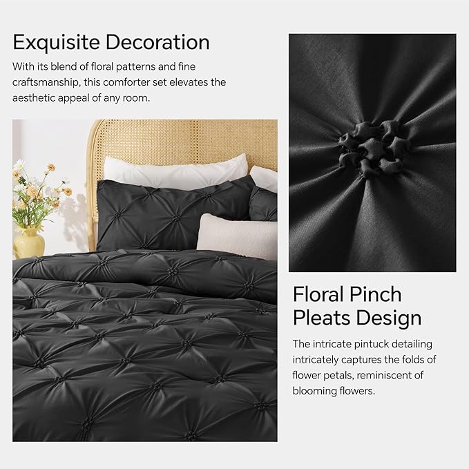 BEDELITE Black King Size Comforter Set - 3 Pieces Boho Pintuck Bedding Comforter Sets, Lightweight Soft & Warm King Bedding Set with 2 Pillowcases for All Season