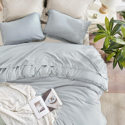 Andency Light Grey Comforter Set Full Size, 3 Pieces Boho Tassel Lightweight Bedding Comforter Sets, All Season Soft Fluffy Fringe Bed Set (79x90In Comforter & 2 Pillowcases)