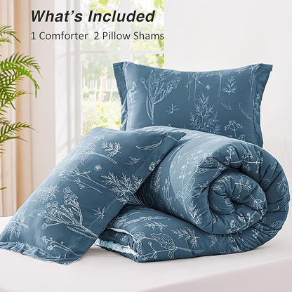 Love's cabin Bluish Grey Comforter Set Queen - Queen Size Comforter Set, 3 Pieces Cute Floral Bedding Sets for All Seasons,1 Soft Reversible Botanical Flowers Comforter and 2 Pillow Shams