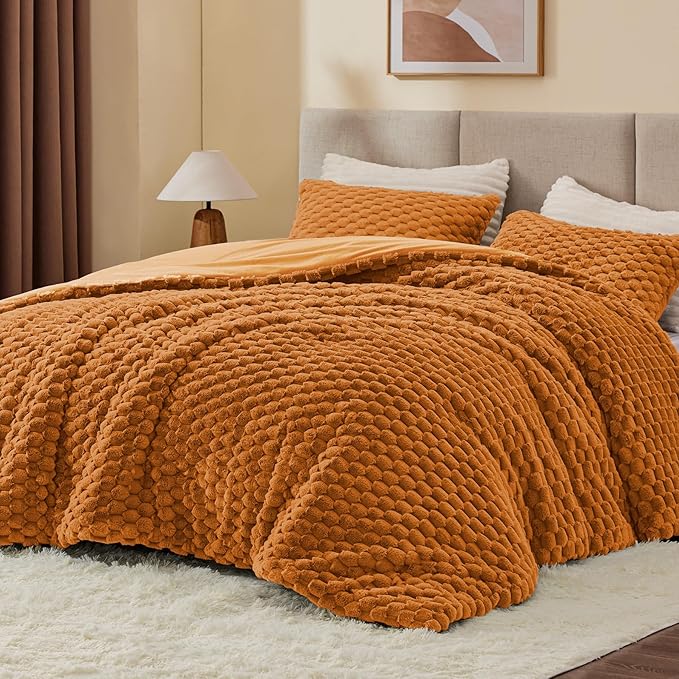 BEDELITE Fluffy Twin Comforter Set - Burnt Orange Fleece Soft Comforter for Twin Size Bed, Luxury Warm Bedding Set for Winter, Fuzzy Bed Set 2 Pieces (1 Comforter, 1 Pillowcase)