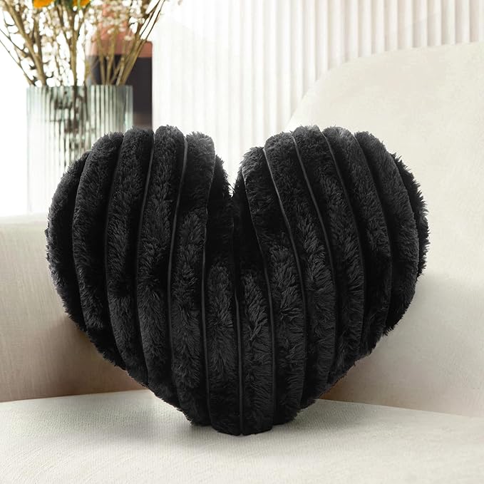16 Inch Black Heart Pillow Cute Decorative Throw Pillows, Heart Shaped Soft Fluffy Faux Fur Pillows Cushions for Couch Chair Bed Bedroom Room Home Decor Aesthetic (1, Black, Medium-16 x13)
