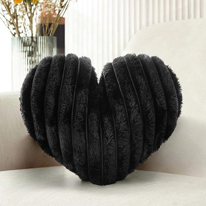 16 Inch Black Heart Pillow Cute Decorative Throw Pillows, Heart Shaped Soft Fluffy Faux Fur Pillows Cushions for Couch Chair Bed Bedroom Room Home Decor Aesthetic (1, Black, Medium-16 x13)