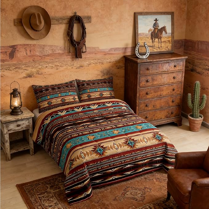Aztec Quilt Ethnic Tribal Arrow Comforter Set,Vintage Southwestern Native Bohemian Bedding Set Twin,Western Star Duvet Insert Exotic Geometric Diamond Stripes Room Decor,Burnt Sienna Brown