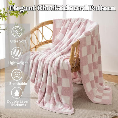 MorroMorn Checkered Throw Blanket for Couch, Pink Throw Blanket 2-Layers Soft Cozy Fleece Plaid Blankets Checkerboard Grid - Fluffy Fuzzy Warm for Sofa Chair Bed Home Decor Gifts, 50x60 inches