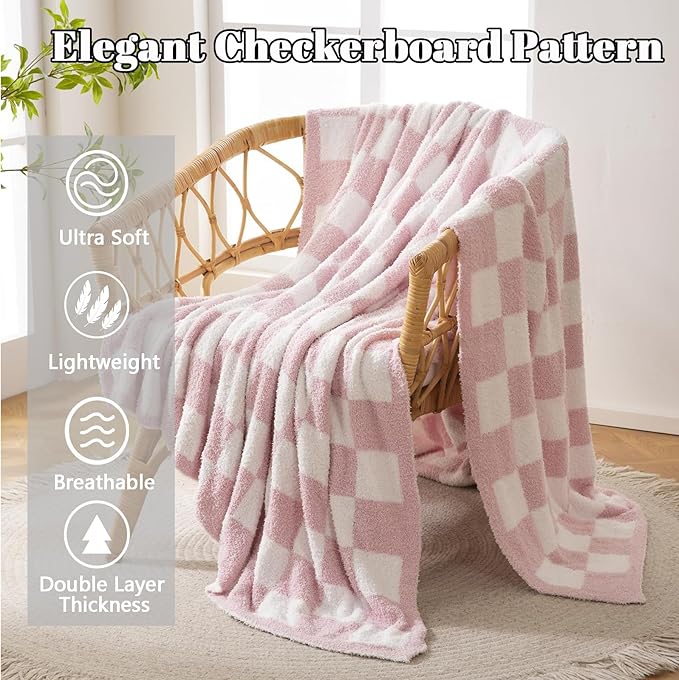MorroMorn Checkered Blanket for Couch Bed, Baby Pink Throw Blanket 2-Layers Soft Cozy Fleece Plaid Blankets Checkerboard Grid - Fluffy Fuzzy Warm Cute Home Decor Women Girls Gifts, 60x80 inches