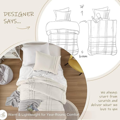 Comfort Spaces Cream Twin Size Comforter Set - 2 Pieces Pintuck Pleated Bedding Sets, All Season Lightweight, Extra Softness Pre-Washed Microfiber Bed Set, Shams, Twin/Twin XL