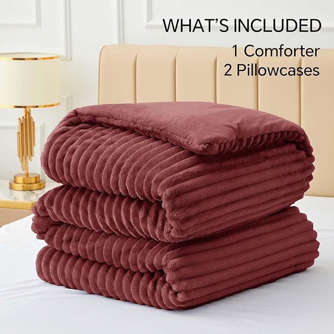 BEDELITE Fleece California King Comforter Set -Super Soft & Warm Fluffy Burgundy Bedding, Luxury Fuzzy Heavy Bed Set for Winter with 2 Pillow Cases