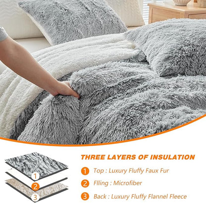 UOZZI BEDDING Gray Faux Fur Comforter Set Twin 3 Pieces - 1 Shaggy Comforter 68x86 and 2 Pillowcases, Ultra Soft and Easy Care Luxury Plush Super Warm Winter Shaggy Duvet Set