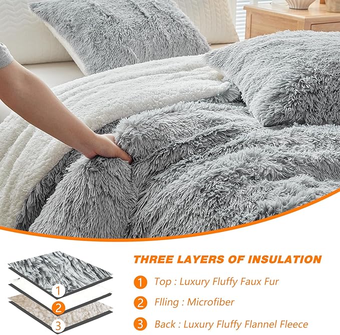 UOZZI BEDDING Gray Faux Fur Comforter Set King 3 Pieces - 1 Shaggy Comforter 104x90 and 2 Pillowcases, Ultra Soft and Easy Care Luxury Plush Super Warm Winter Shaggy Duvet Set