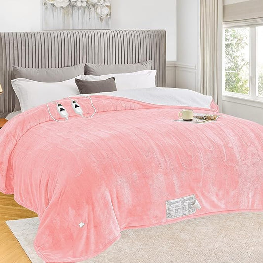greenoak Heated Blanket Electric King Size 100"X90" Dual Control, Heating Blanket with 10 Heat Levels 1/2/4/6/8 Hours Auto-Off, Sherpa Soft Warm Christmas Blanket,Light Pink