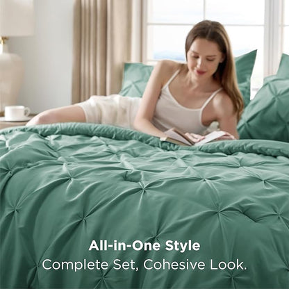 Bedsure Full Size Comforter Sets - Bedding Sets Full 7 Pieces, Pintuck Bed in a Bag Graysih Green Bed Set with Comforter, Sheets, Pillowcases & Shams