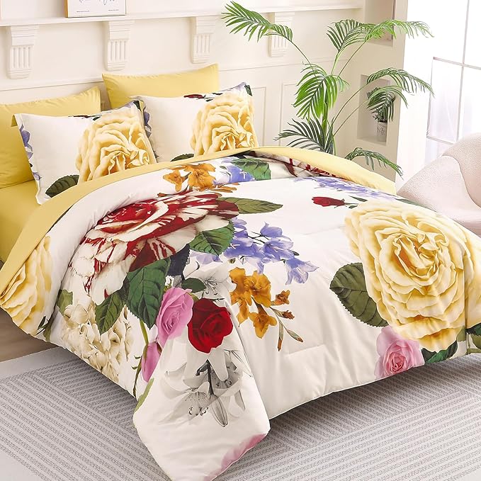 Drucon Yellow Floral Comforter King Size 7 Pieces Bedding Sets Bed in a Bag, Botanical Floral Comforter with Sheet Set, Soft Microfiber Bedding Set for All Season(Yellow, 104"x90")
