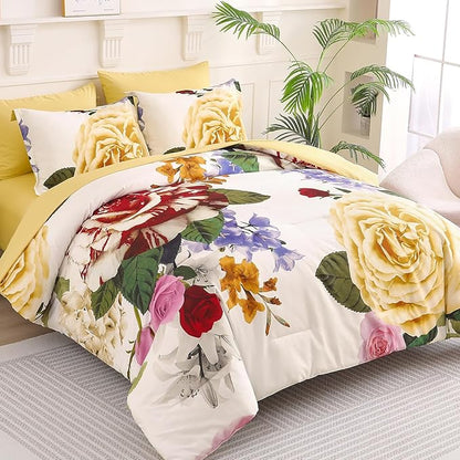 Drucon Yellow Floral Comforter King Size 7 Pieces Bedding Sets Bed in a Bag, Botanical Floral Comforter with Sheet Set, Soft Microfiber Bedding Set for All Season(Yellow, 104"x90")
